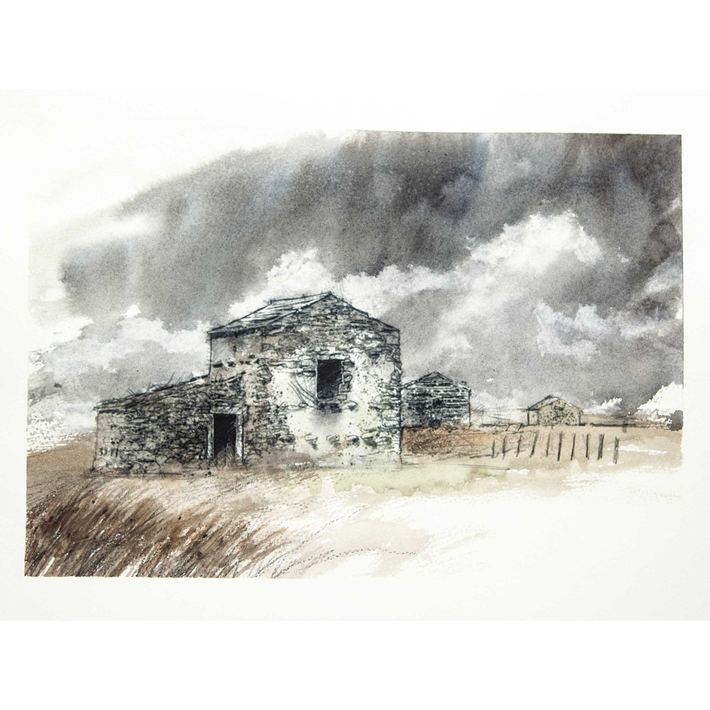 A watercolor landscape painting of an old stone building in a field under a dramatic cloudy sky, shown with a wide white border.