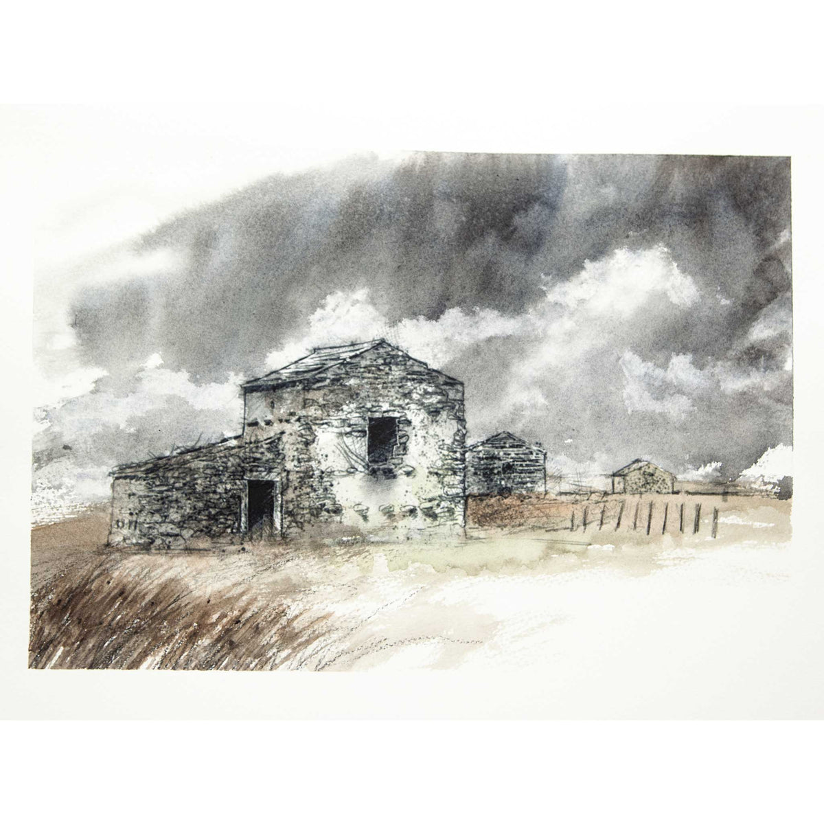 A watercolor landscape painting of an old stone building in a field under a dramatic cloudy sky, shown with a wide white border.