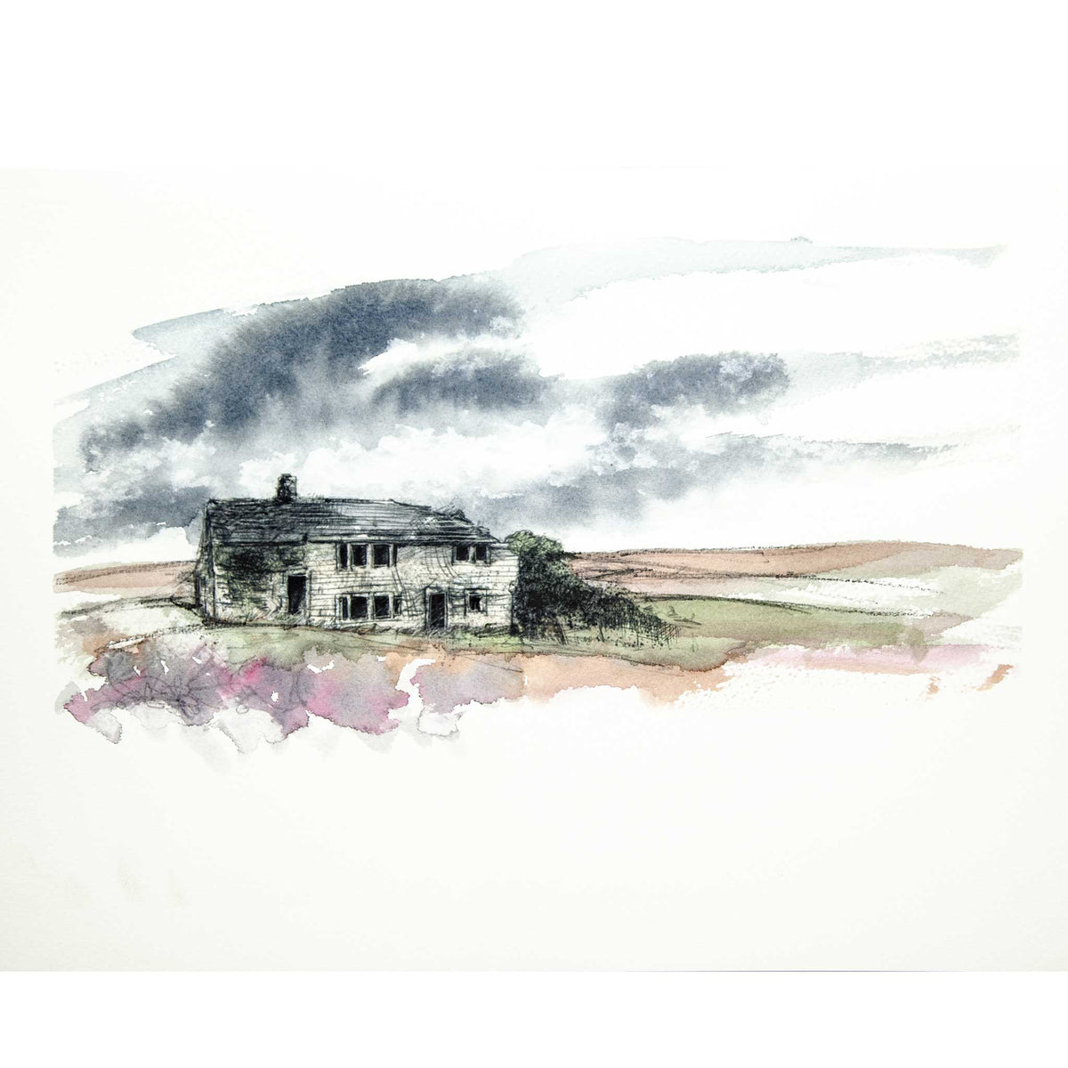 A watercolor landscape painting of a small stone cottage surrounded by open fields under a cloudy sky, rendered in soft gray, brown, black, and muted pink washes on a white paper background.