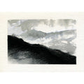 A minimalist watercolor landscape painting on textured paper, featuring a dark, textured hill in the foreground and soft gray and white clouds in the background.