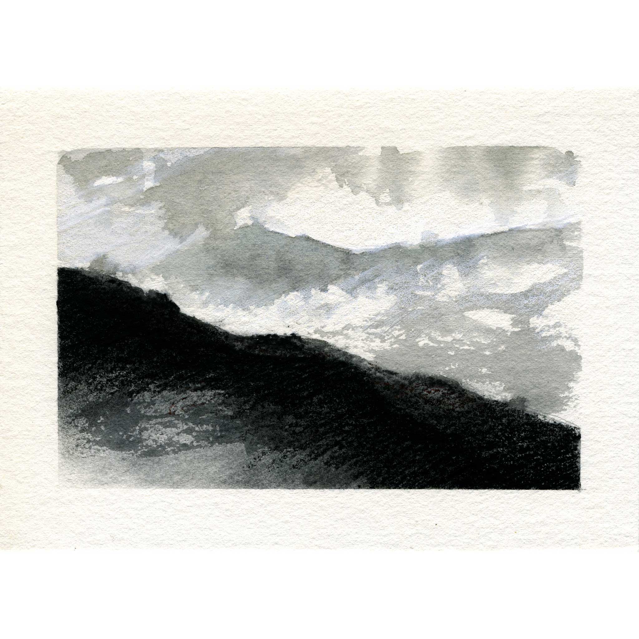 A minimalist watercolor landscape painting on textured paper, featuring a dark, textured hill in the foreground and soft gray and white clouds in the background.