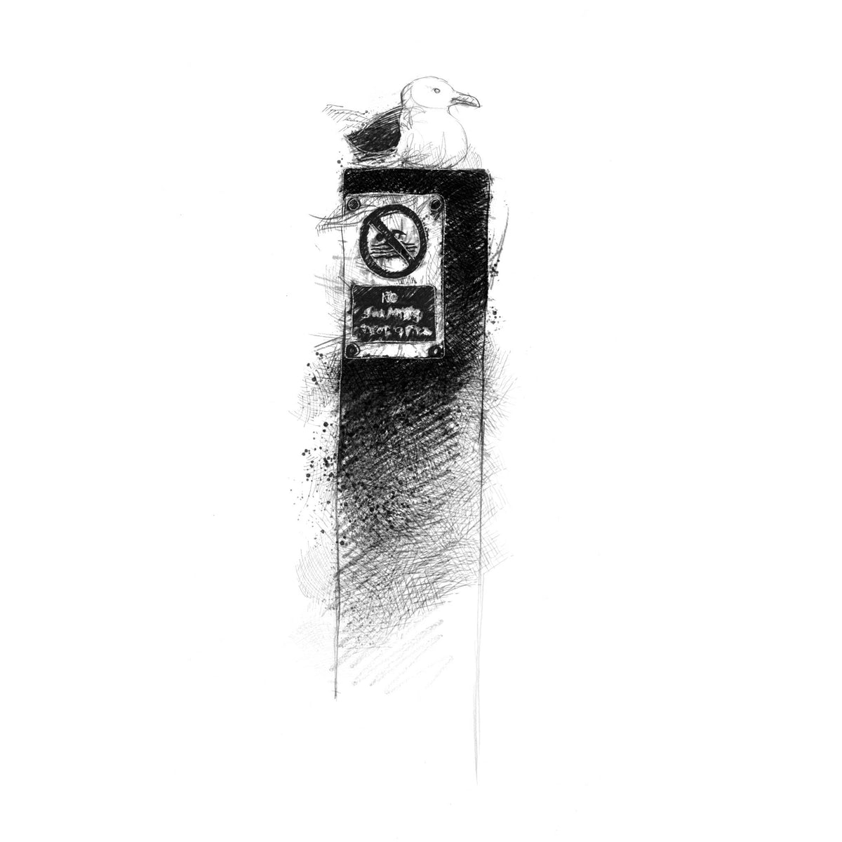 A black and white sketch-style illustration of a bird perched atop a tall pole with a no smoking sign, set against a plain white background.