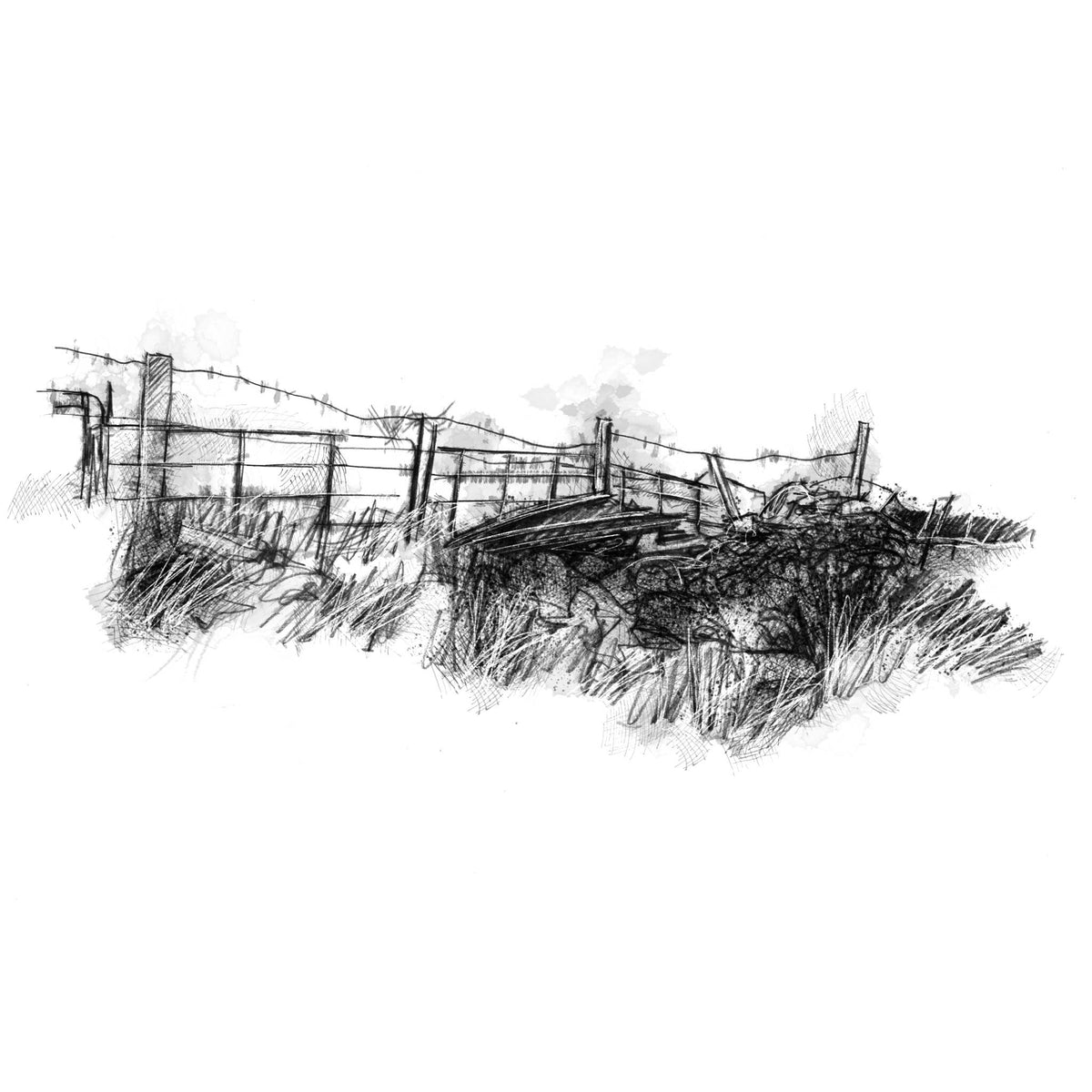 black and white sketch of an old wire fence
