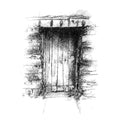A black and white sketch of a rustic wooden door framed by textured foliage, rendered in expressive ink lines on a white background.