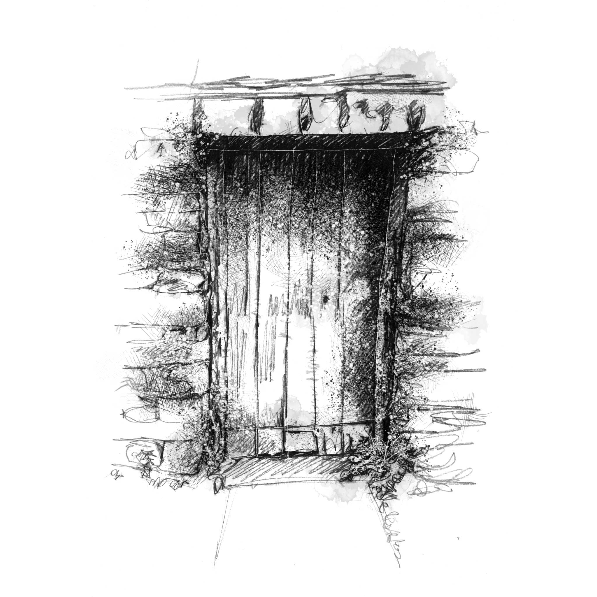 A black and white sketch of a rustic wooden door framed by textured foliage, rendered in expressive ink lines on a white background.