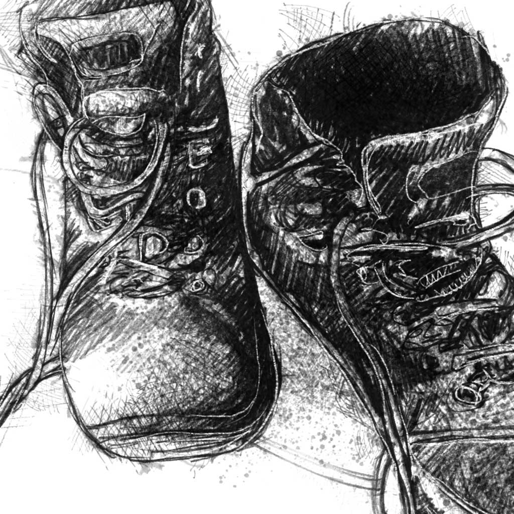 Old hiking boots - BW Sketch