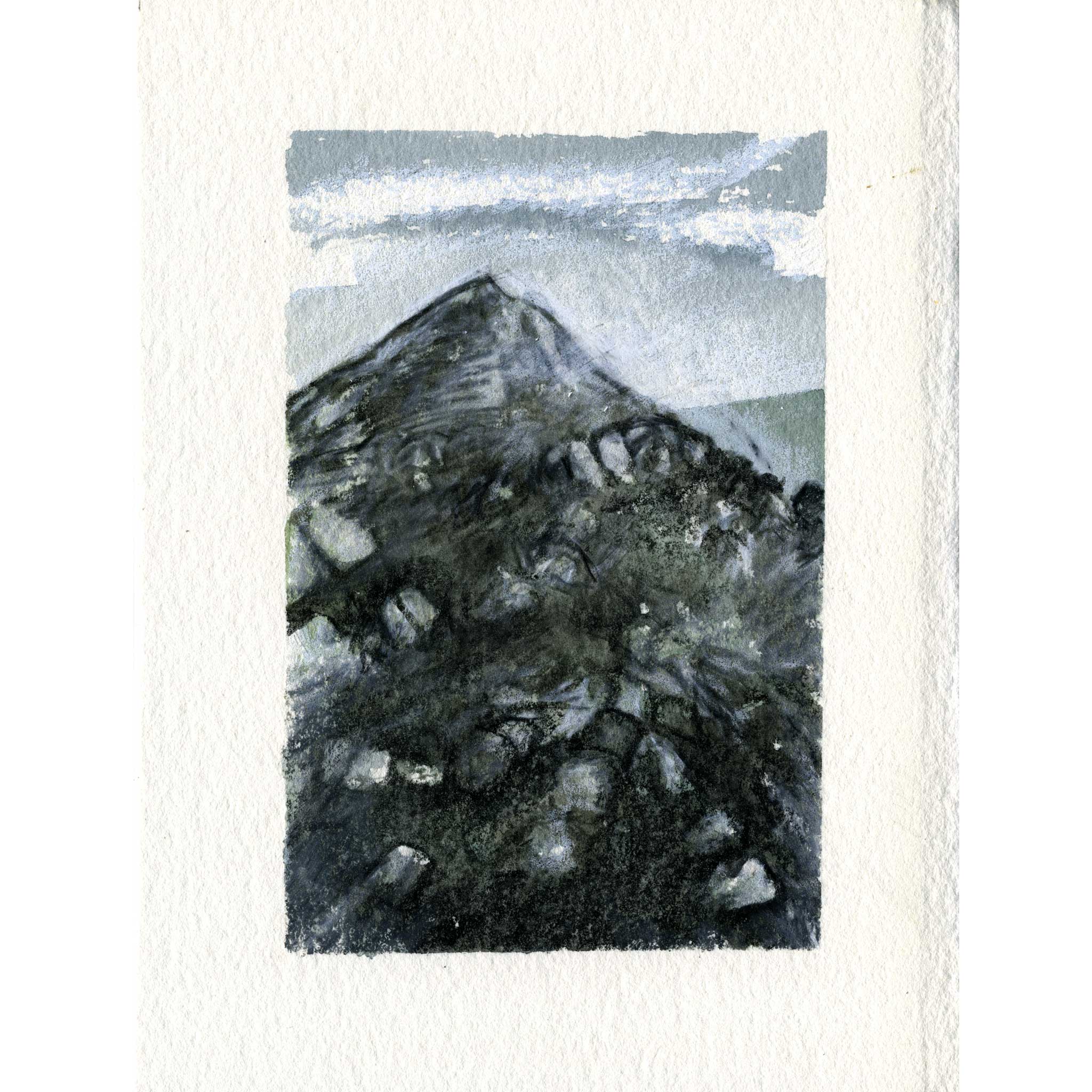 A square watercolor landscape art print depicting a dark, rocky mountain peak under a cloudy sky, printed on textured off-white paper. Old man Coniston