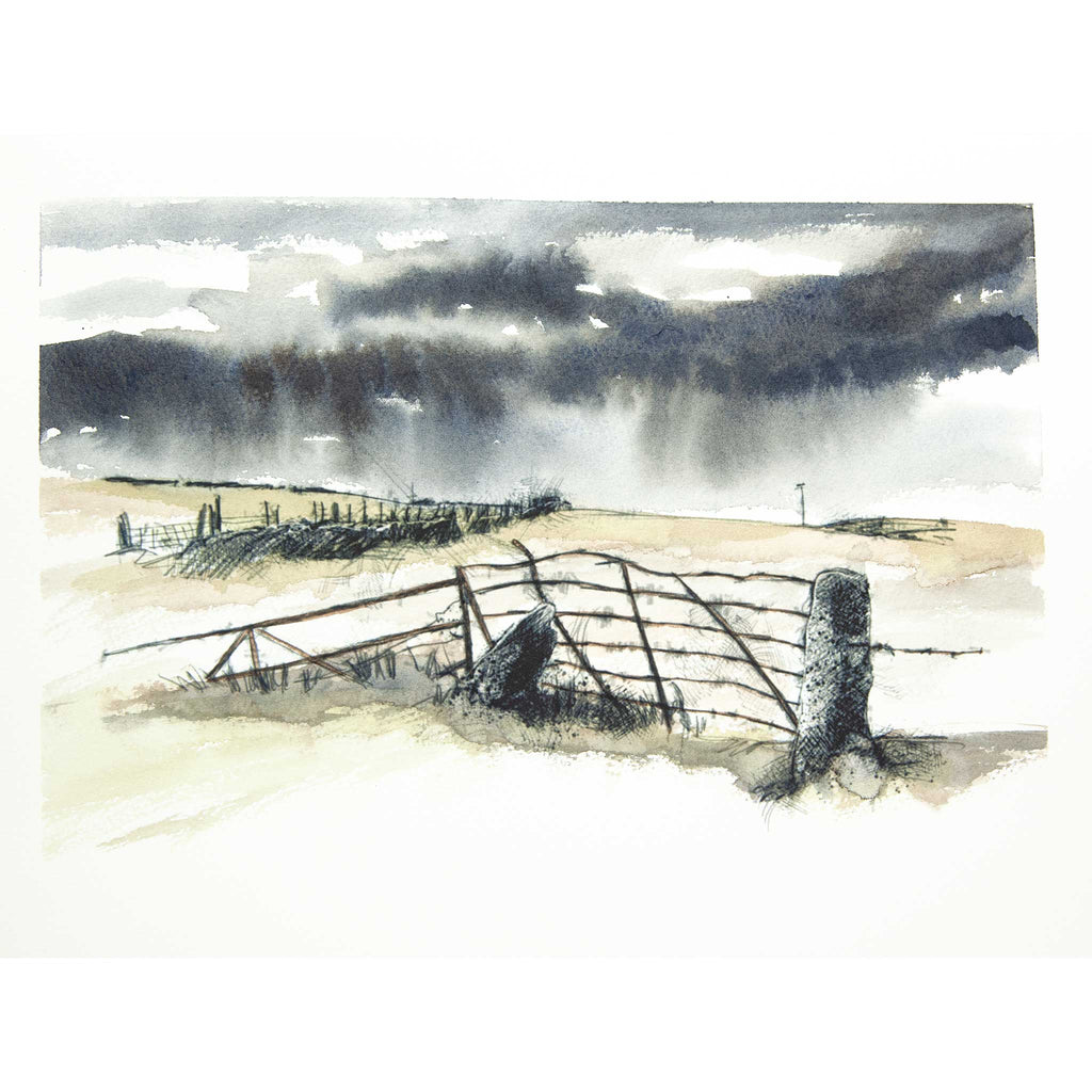 A watercolor landscape painting depicting a rustic scene with a broken barbed-wire fence in the foreground, a pale field, and dark stormy clouds overhead.