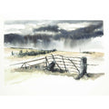 A watercolor landscape painting depicting a rustic scene with a broken barbed-wire fence in the foreground, a pale field, and dark stormy clouds overhead.