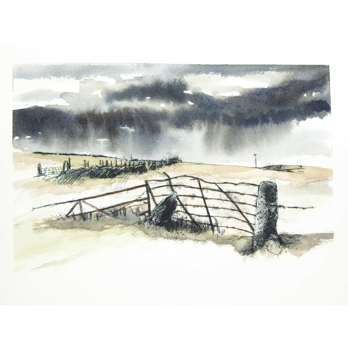 A watercolor landscape painting depicting a rustic scene with a broken barbed-wire fence in the foreground, a pale field, and dark stormy clouds overhead.