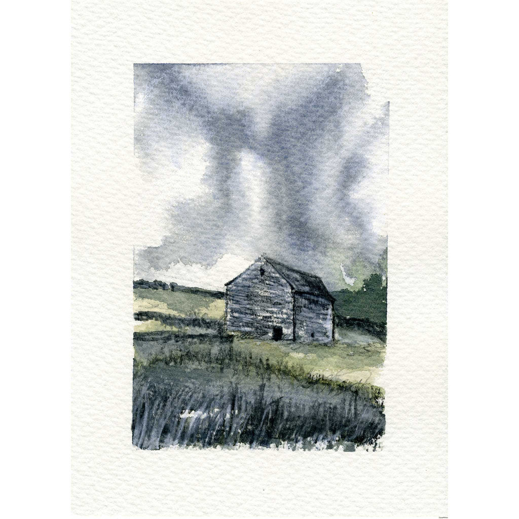 A watercolor landscape painting of a weathered stone barn in a field under a dark, cloudy sky, shown on textured white paper.