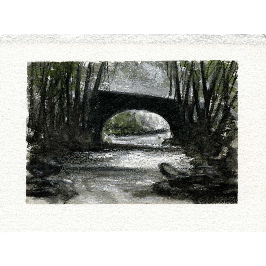 A watercolor painting of a dark stone bridge spanning a stream, surrounded by dense trees, presented on a textured off-white paper background.
