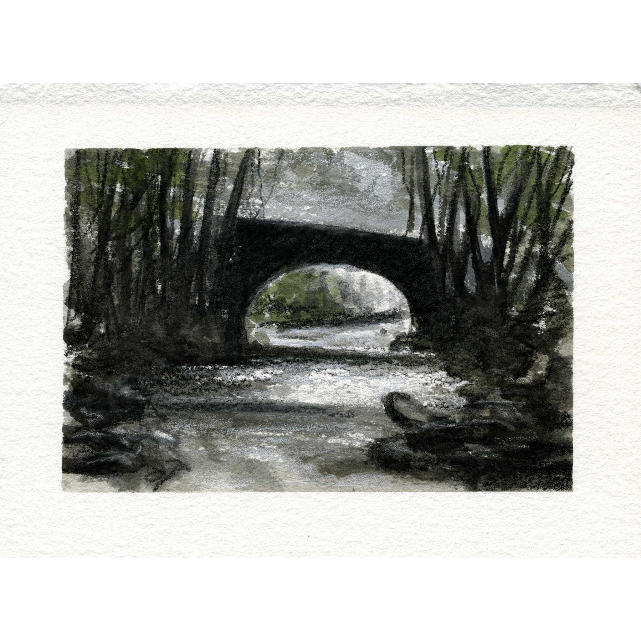 A watercolor painting of a dark stone bridge spanning a stream, surrounded by dense trees, presented on a textured off-white paper background.