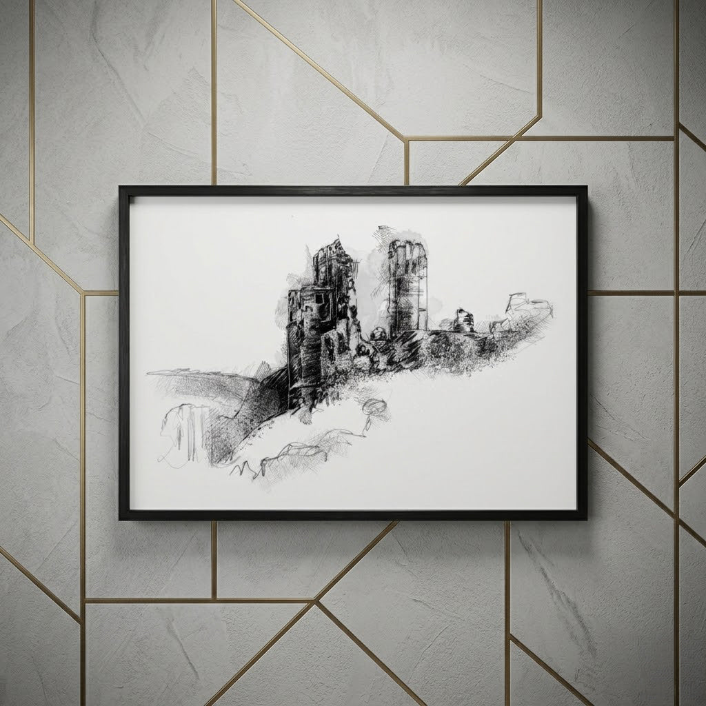 Corfe castle - BW Sketch
