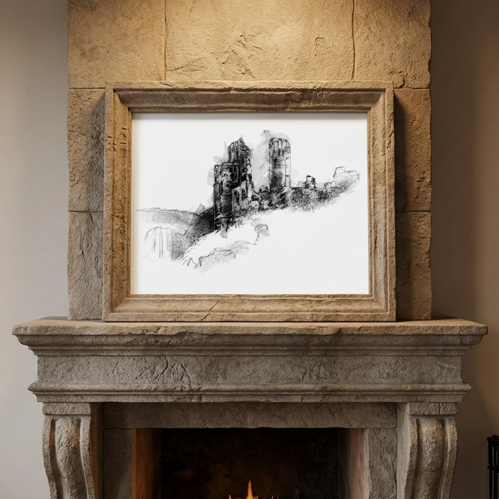 Corfe castle - BW Sketch