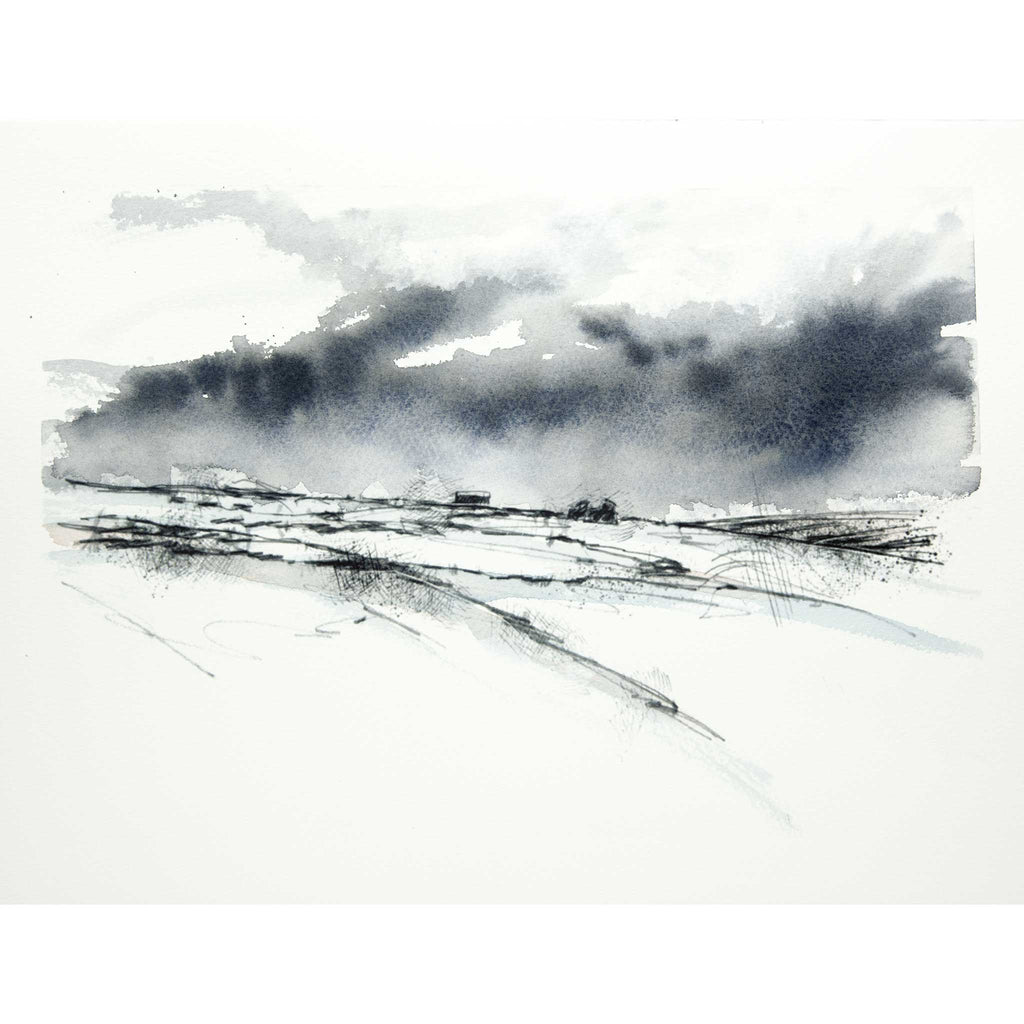 watercolour landscape, ruins on moorland over west yorkshire, snow and stone walls