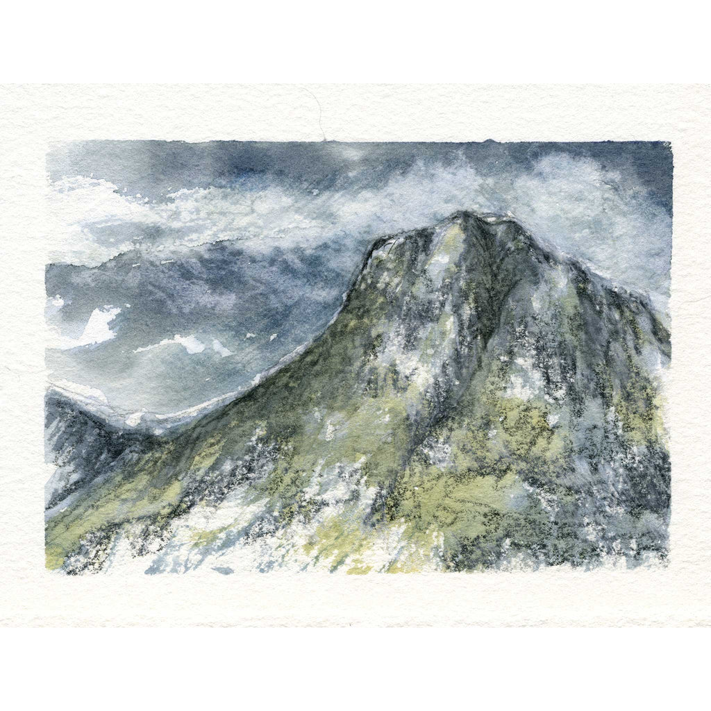 A watercolor painting of a mountain peak Stickle pike under a cloudy sky, rendered in shades of gray, blue, green, and white on textured paper.
