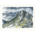 A watercolor painting of a mountain peak Stickle pike under a cloudy sky, rendered in shades of gray, blue, green, and white on textured paper.