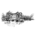 A black and white ink sketch of a classical-style pavilion or bridge structure over water, with trees in the background, rendered as an art print on a white background.