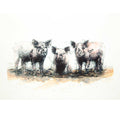 A watercolor and ink-style artwork showing three pigs standing on a patch of ground, rendered in black, gray, and warm beige washes on an off-white background.