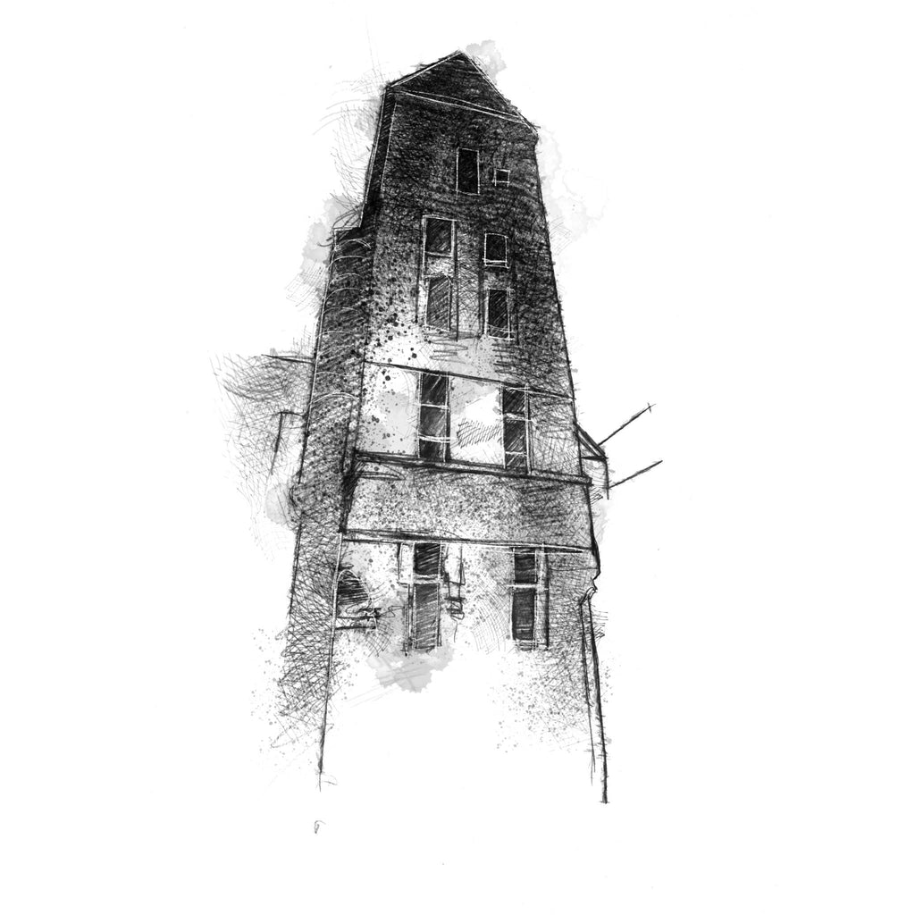 A black and white sketch of an old brick tower building, rendered in a textured, expressive line-art style on a plain white background.